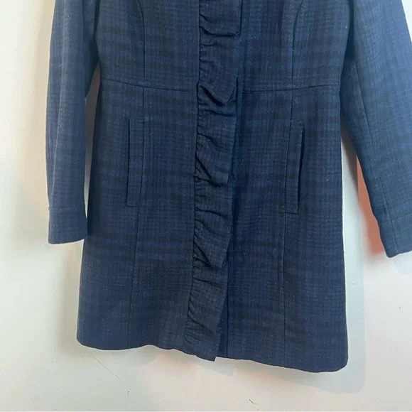 Old Navy Plaid Wool Blend Pea Coat Ruffle Medium Academia Pockets Navy Black - Picture 3 of 10